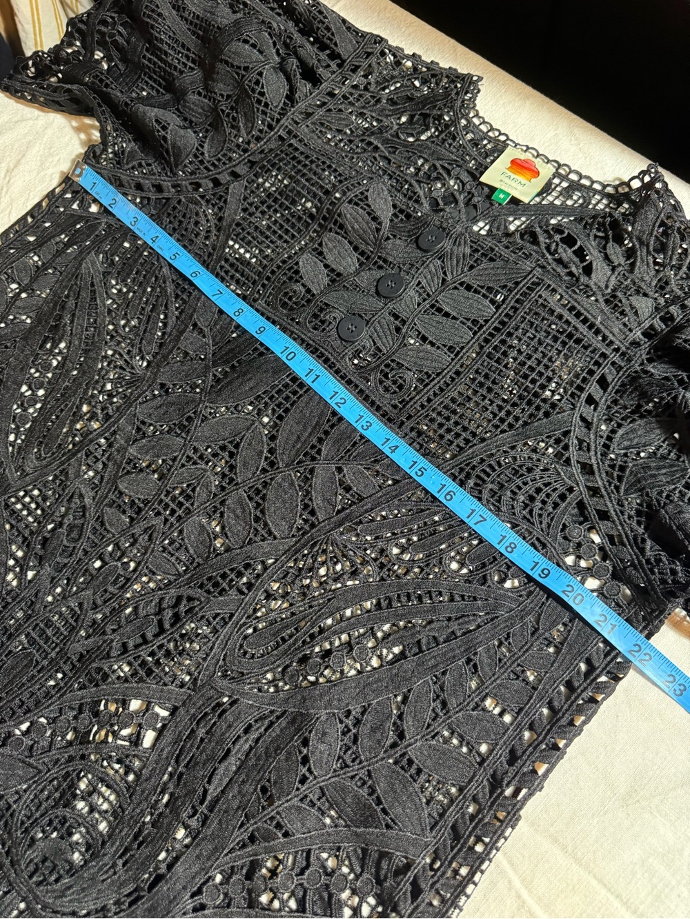 FARM Rio Black Guipure Lace Puff Sleeve Blouse Top Size M Sheer - Picture 10 of 11